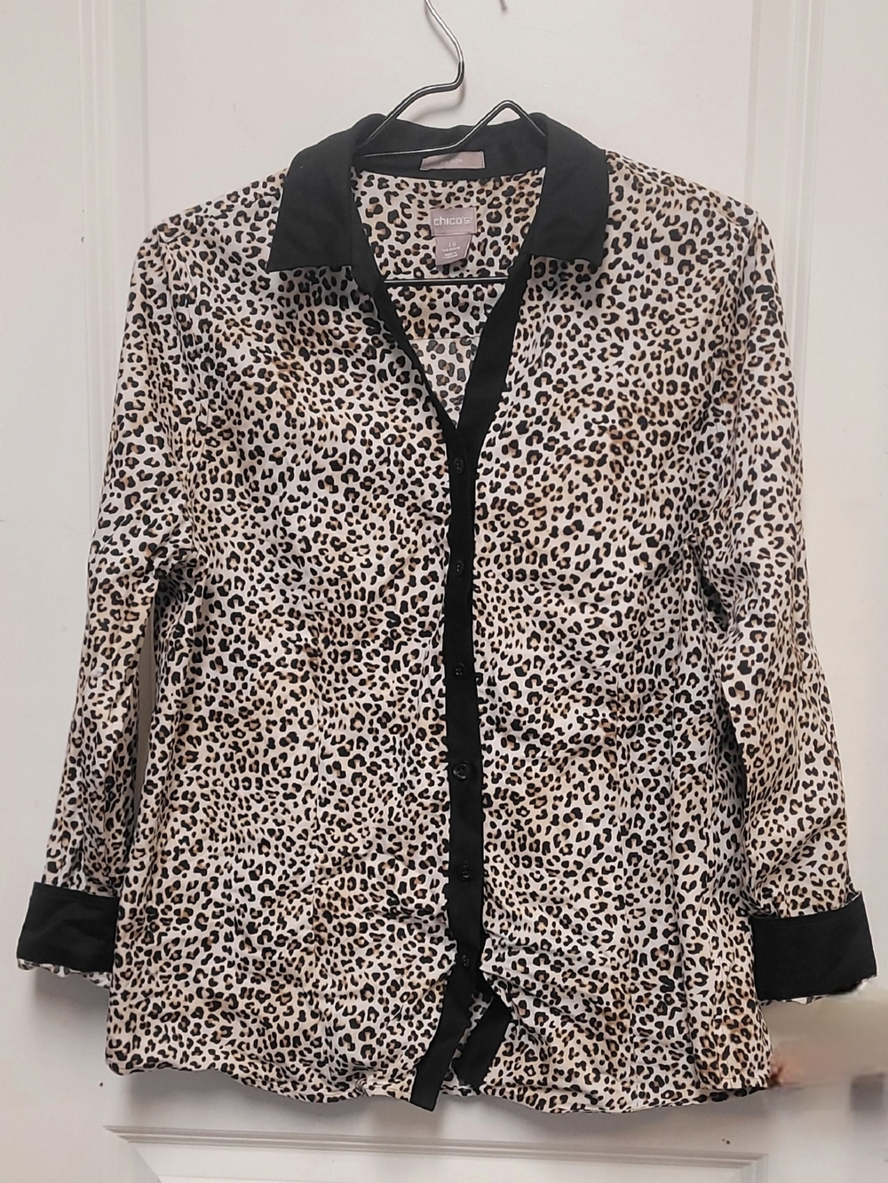 Chico's Leopard Print Button-Up with Black Trim